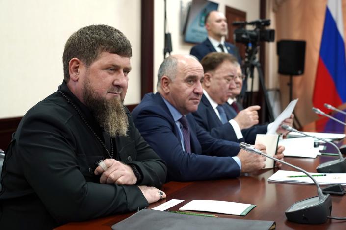 Chechnya's regional leader Ramzan Kadyrov, left, attends a meeting of the Council on Interethnic Relations with Russian President Vladimir Putin in Pyatigorsk, south of Russia, Friday, May 19, 2023. (Tatiana Barybina, Sputnik, Kremlin Pool Photo via AP)