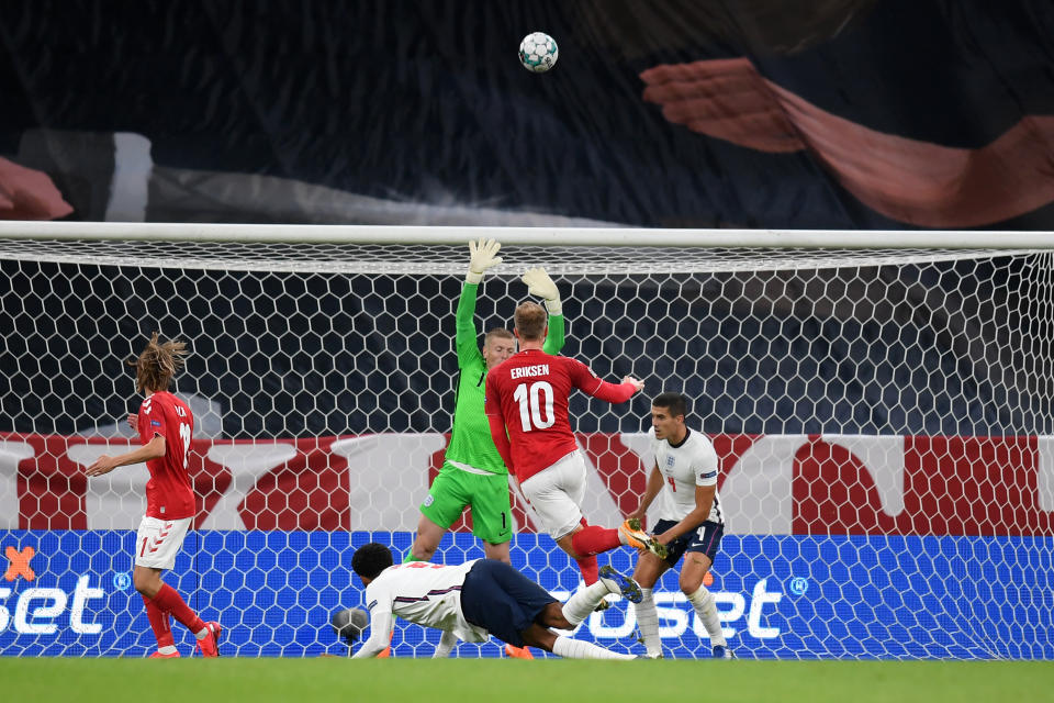 COPENHAGEN, DENMARK - SEPTEMBER 08: Christian Eriksen of Denmark shoots and misses during the UEFA Nations League group stage match between Denmark and England at Parken Stadium on September 08, 2020 in Copenhagen, Denmark. (Photo by Michael Regan/Getty Images)