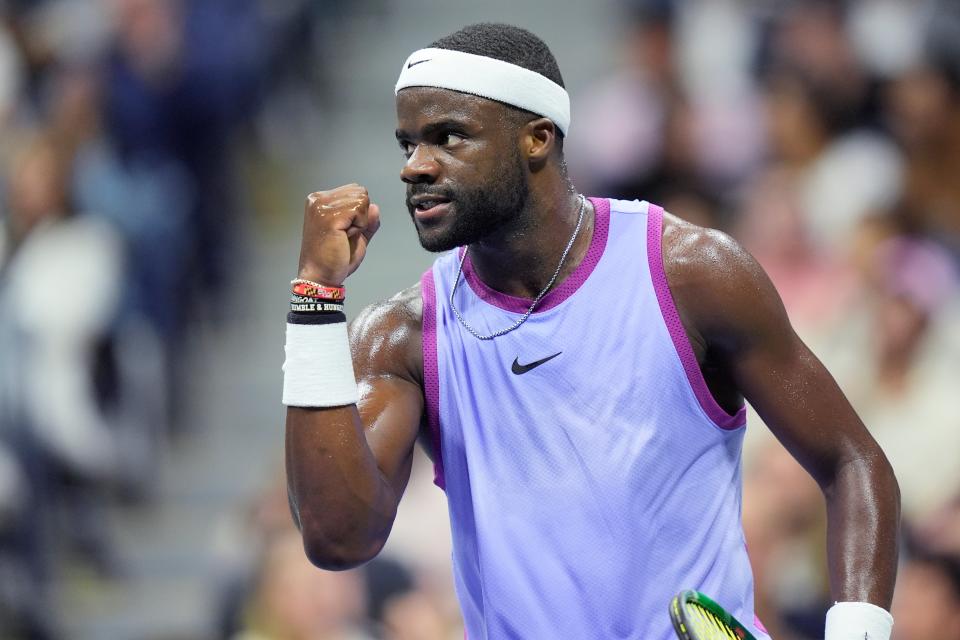 Frances Tiafoe, of the United States, reacts after winning a point against Grigor Dimitrov, of Bulgaria, during the quarterfinals of the U.S. Open tennis championships, Tuesday, Sept. 3, 2024, in New York. (AP Photo/Eduardo Munoz Alvarez) (AP)