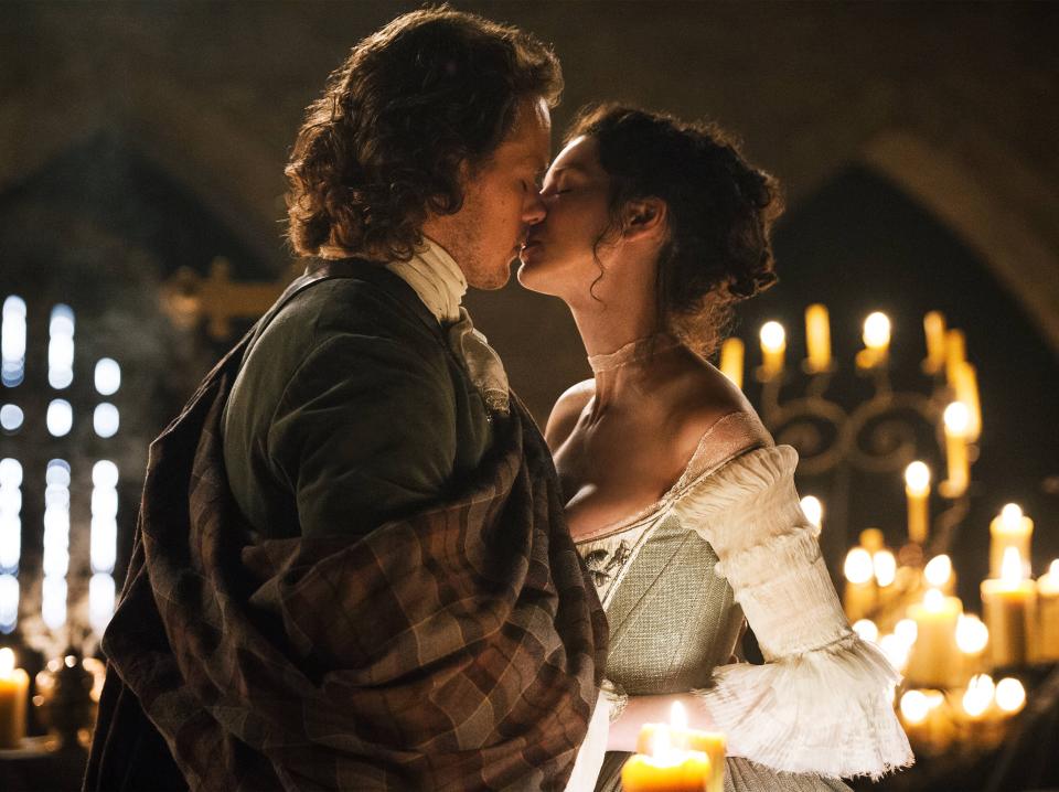 Jamie (Sam Heughan) and Claire (Caitríona Balfe) in "Outlander" season one.