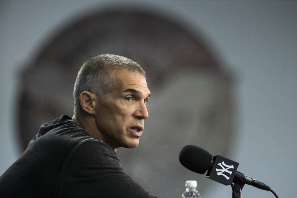 New York Yankees manager Joe Girardi speaks with members of the media during a news conference at the team's baseball spring training facilities, Tuesday, Feb. 14, 2017, in Tampa, Fla. (AP Photo/Matt Rourke)