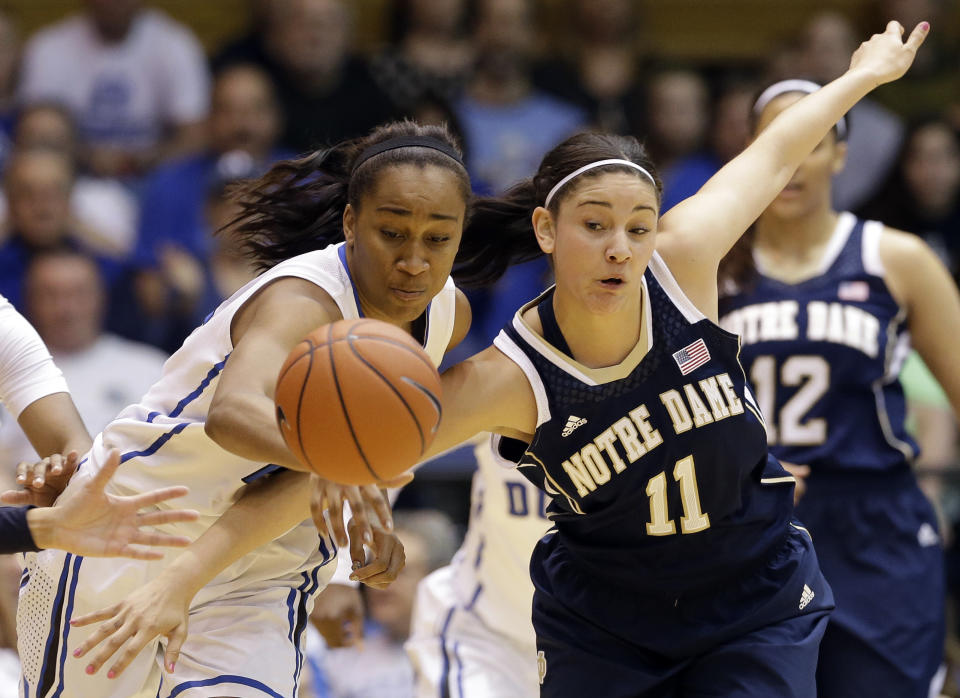 Notre Dame's Natalie Achonwa (11) and Duke's Oderah Chidom chase the ball during the first half of an NCAA college basketball game in Durham, N.C., Sunday, Feb. 2, 2014. (AP Photo/Gerry Broome)