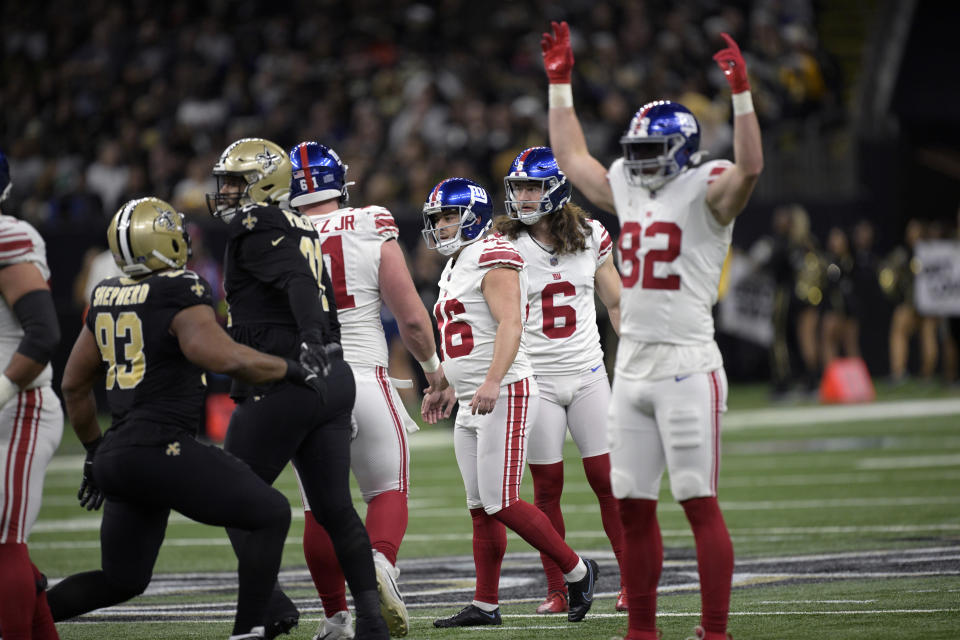 New York Giants place-kicker Randy Bullock (46) watches his 56-yard field goal during the first half of an NFL football game against the New Orleans Saints Sunday, Dec. 17, 2023, in New Orleans. (AP Photo/Matthew Hinton)