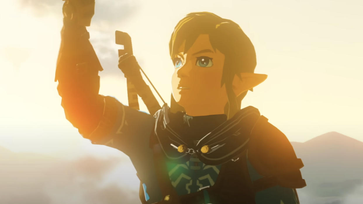  Link holding arm up in The Legend of Zelda: Tears of the Kingdom. 