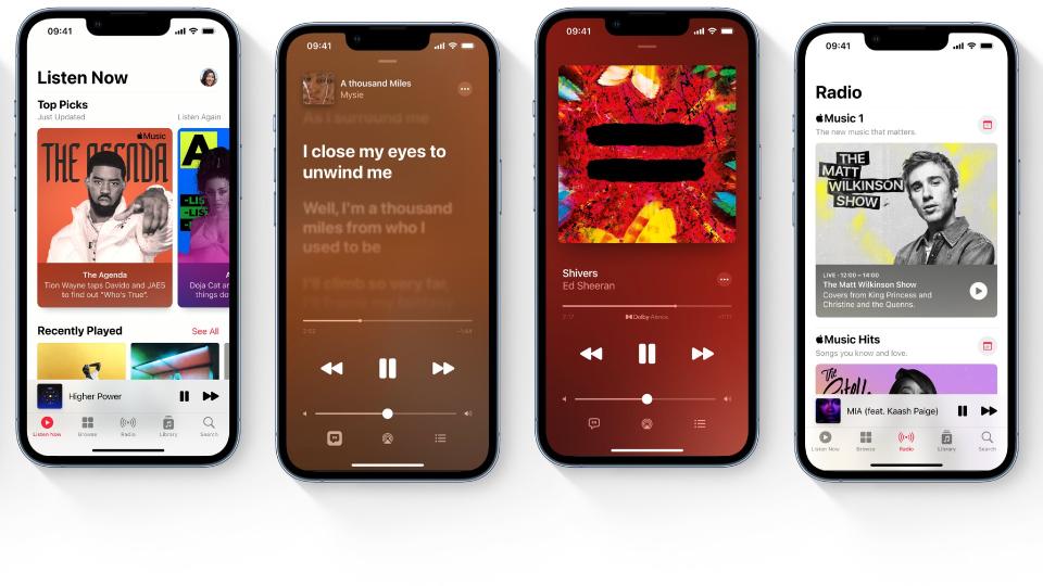 Four iPhones showing different Apple Music interfaces