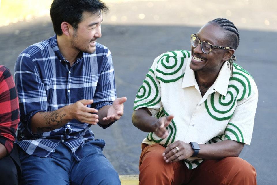 "Top Chef: Wisconsin" contestant Soo Ahn discusses his fish boil dish idea with "Top Chef" all-star Gregory Gourdet. Unfortunately, his dish was the least favorite, and he was eliminated from the competition.