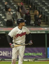Cleveland Indians' Jordan Luplow watches his game-winning two-run home run off Minnesota Twins relief pitcher Alex Colome during the tenth inning of a baseball game in Cleveland, Monday, April 26, 2021. (AP Photo/Phil Long)