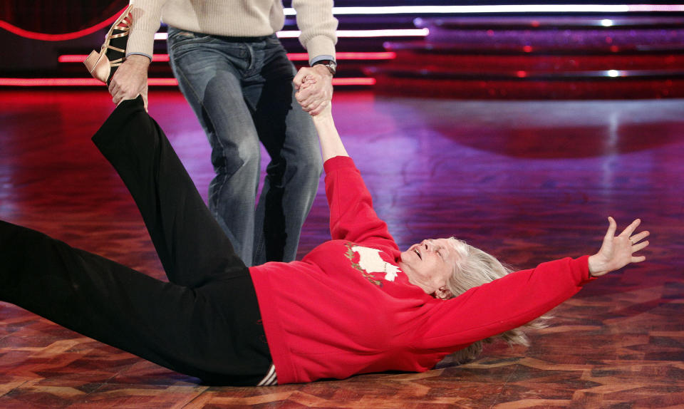 Ann Widdecombe and Anton du Beke go through their routine at Blackpool's Tower Ballroom for ahead of the Strictly Come Dancing show tomorrow.   (Photo by Peter Byrne/PA Images via Getty Images)