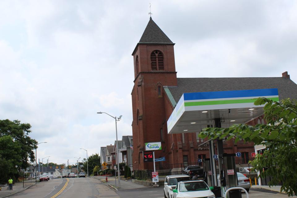 The Winthrop Street Baptist Church, seen looking from downtown Taunton.