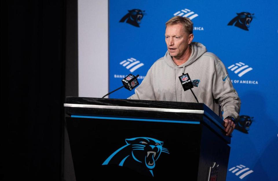 Carolina Panthers interim coach Chris Tabor speaks during a press conference in Charlotte, N.C., on Tuesday, November 28, 2023. Tabor will be the sixth head coach owner David Tepper has employed since he bought the team in 2018 -- three “permanent” head coaches, and three interims.