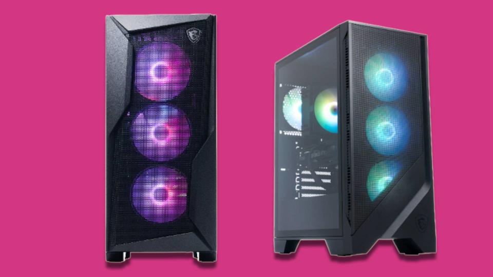 two black gaming PCs against pink background