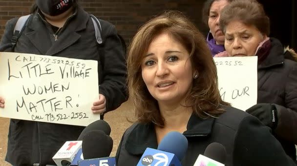 PHOTO: Little Village resident Selene Partida speaks outside the Chicago Police Department's 4th District headquarters, March 22, 2023. (WLS)