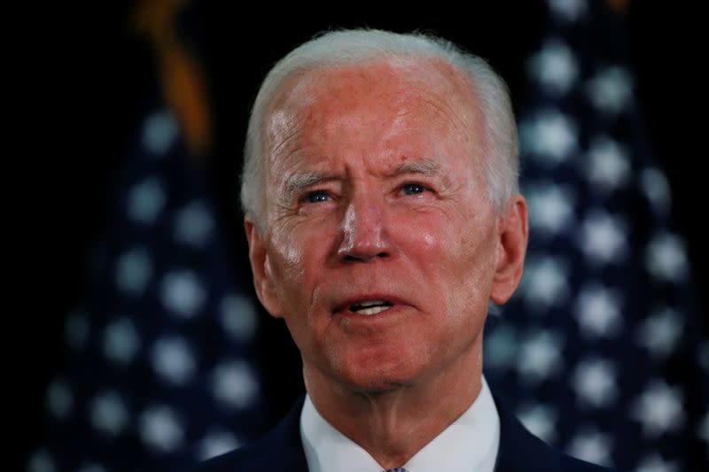 U.S. Democratic presidential candidate Joe Biden speaks during a campaign event in Dover