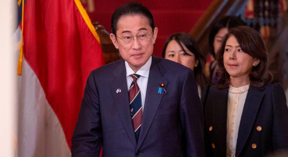 Japanese Prime Minister Fumio Kishida and First Lady Yuko Kishida arrive at the North Carolina Executive mansion for a luncheon in his honor on Friday, April 12, 2024 in Raleigh, N.C.