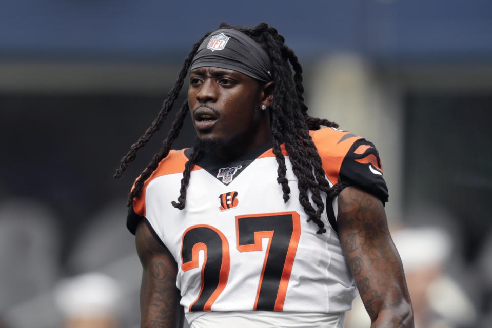 FILE - In this Sept. 8, 2019, file photo, Cincinnati Bengals cornerback Dre Kirkpatrick stands on the field during warmups before an NFL football game against the Seattle Seahawks in Seattle. The Bengals released starting cornerback Dre Kirkpatrick on Tuesday, March 31, 2020, another move to overhaul their secondary after a 2-14 season. Kirkpatrick was a first-round pick in 2012 and started 67 games in eight seasons. He missed 10 games last season with a knee injury. (AP Photo/Stephen Brashear, File)