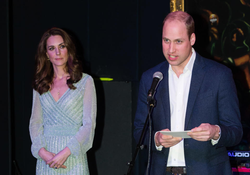 William gives a speech at Belfast’s Empire Music Hall, as wife Kate looks on [Photo: Getty]