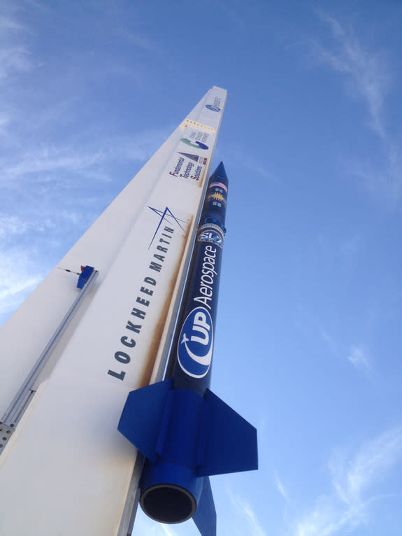 UP Aerospace SpaceLoft 7 rocket mounted on launcher the day before launch.