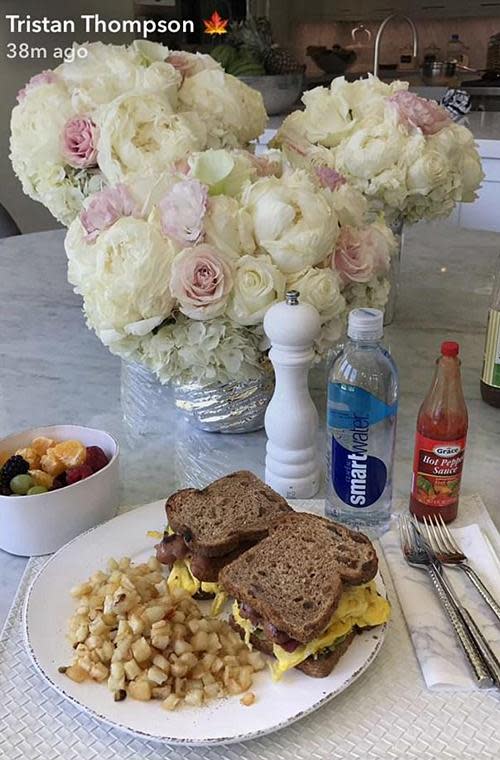 The couple seemed to enjoy a hearty breakfast as Tristan posted this photo on his Snapchat on Monday morning. It looked like one crazy night!