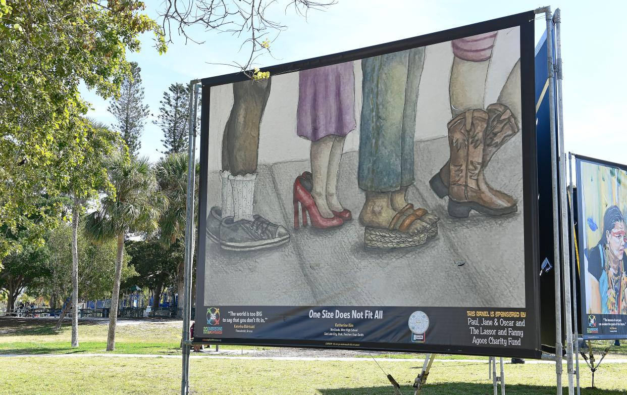 "One Size Does Not Fit All" is part of the Embracing Our Differences exhibit at Sarasota's Bayfront Park. The billboard-sized artworks will be displayed through March 12. Find more information at embracingourdifferences.org.