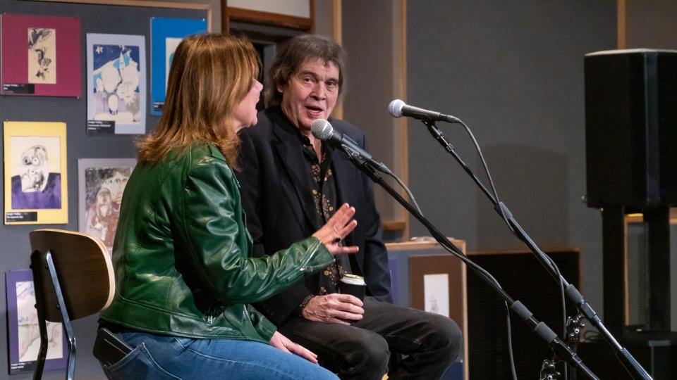 Influential singer-songwriter Dwight Twilley speaks with fans Feb. 18, 2023, in The Church Studio in Tulsa.