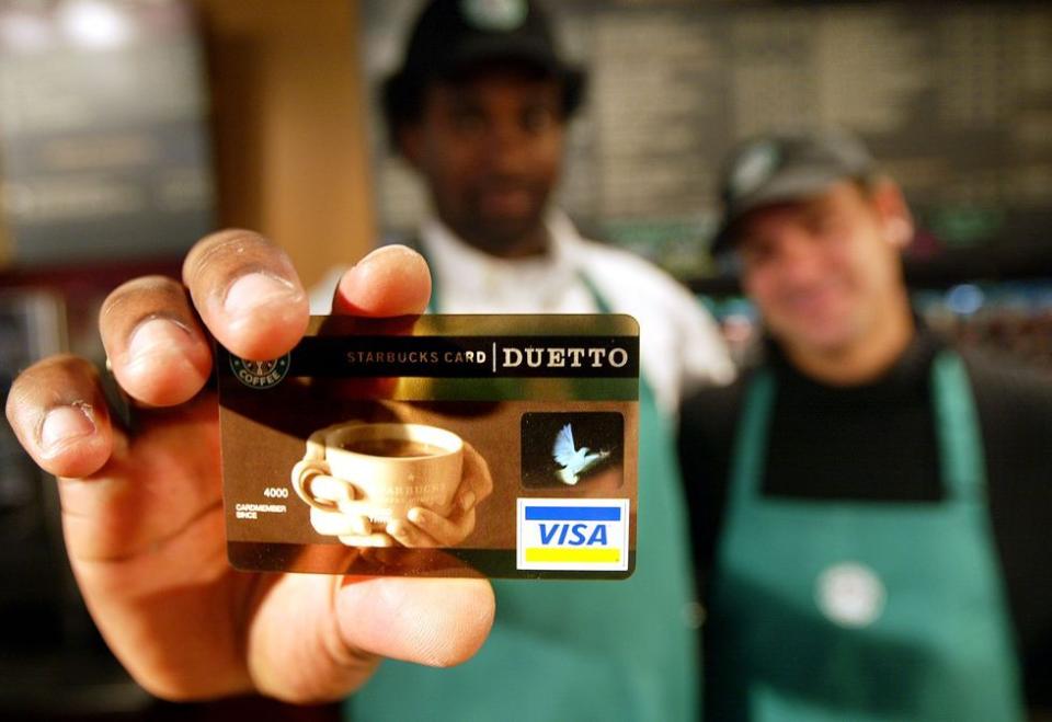 <p>The Starbucks Card became available in 2001, with which you could earn loyalty points and rewards. </p>