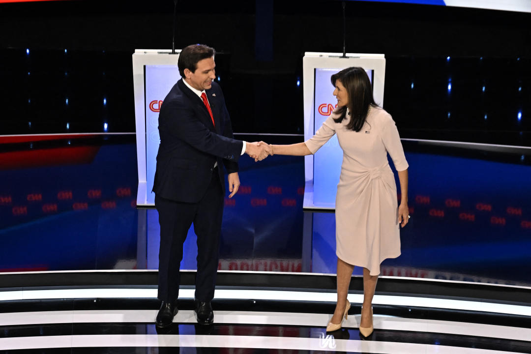 Florida Gov. Ron DeSantis shakes hands with former U.N. Ambassador Nikki Haley