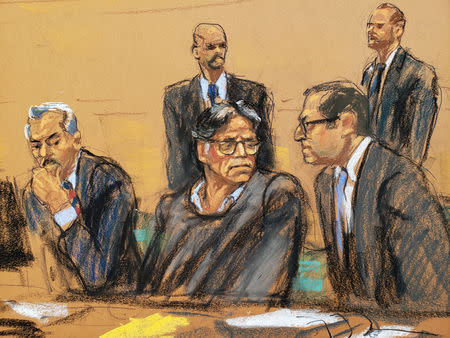 Former self-help guru Keith Raniere and defense attorney Marc Agnifilo (R) are seen, in this courtroom sketch, at the Brooklyn Federal Courthouse in New York, U.S., May 7, 2019. REUTERS/Jane Rosenberg NO RESALES. NO ARCHIVES.