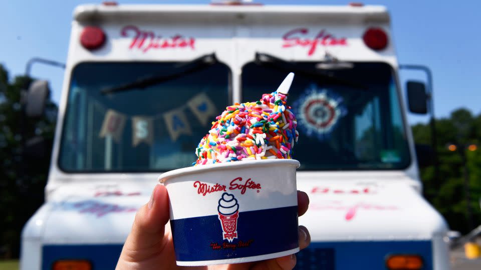 A freshly made cup of Mister Softee ice cream is displayed during a bicycle safety event held in Evesham Township, New Jersey, in 2024. - Chris Lachall/USA Today Network/Imagn