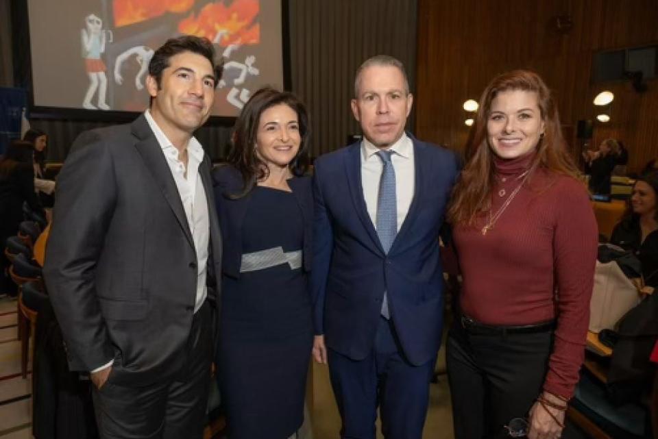 Tom Berthal (left), Sheryl Sandberg, Amb. Gilad Erdan and Debra Messing attend the summit on sexual violence against women in wartime at the United Nations on Dec. 4, 2023.