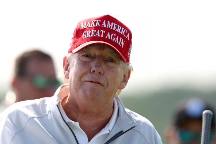 Former President Donald Trump looks on during the pro-am before the LIV Golf Invitational at Trump National Golf Club in Sterling, Va. on May 25 (Rob Carr/Getty Images)