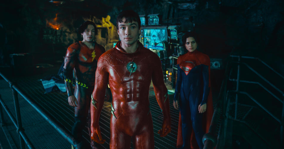 EZRA MILLER as Barry Allen/The Flash, EZRA MILLER as Barry Allen/The Flash and SASHA CALLE as Kara Zor-El / Supergirl in The Flash. (Warner Bros.)