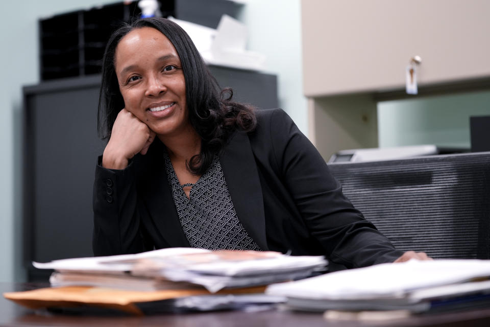 Ragen Hatcher, a member of the Indiana House of Representatives from the 3rd district, poses for a photo at the Gary Sanitary District building in Gary, Ind., Tuesday, March 26, 2024. (AP Photo/Nam Y. Huh)