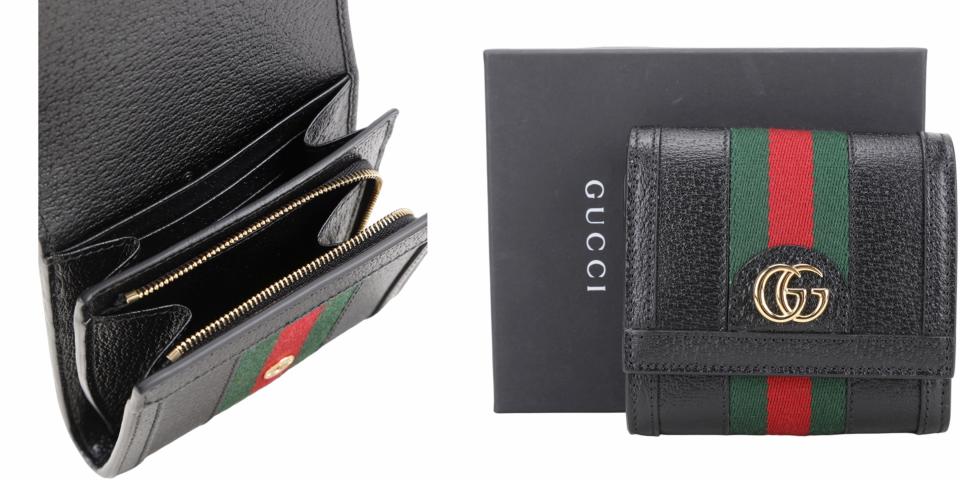 GUCCI折扣必買��GUCCI Ophidia GG 紅綠織帶壓紋牛皮釦式短夾(黑色)！圖片來源：Yahoo奇摩購物中心