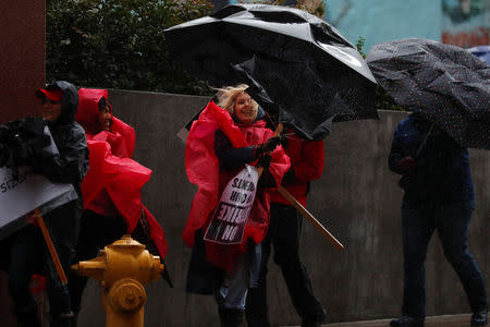 Striking teachers in the Los Angeles public school system deal with the rain and wind after going on strike in Los Angeles, California, U.S., January 14, 2019. REUTERS/Mike Blake