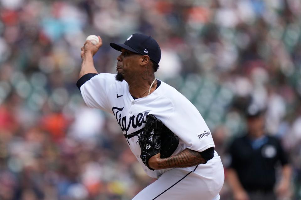 Detroit Tigers relief pitcher Jose Cisnero throws during the sixth inning of a baseball game against the Tampa Bay Rays, Saturday, Aug. 5, 2023, in Detroit. (AP Photo/Carlos Osorio)