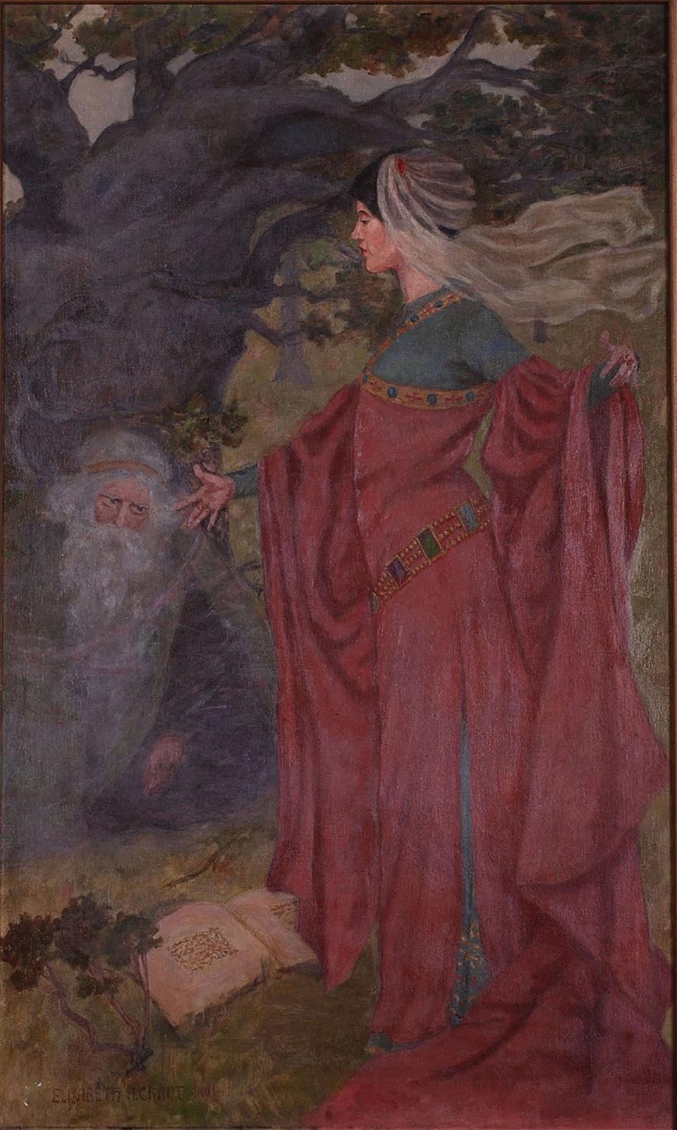 Elisabeth Chant's 1901, oil on board painting "Merlin and Guinevere, 1901."