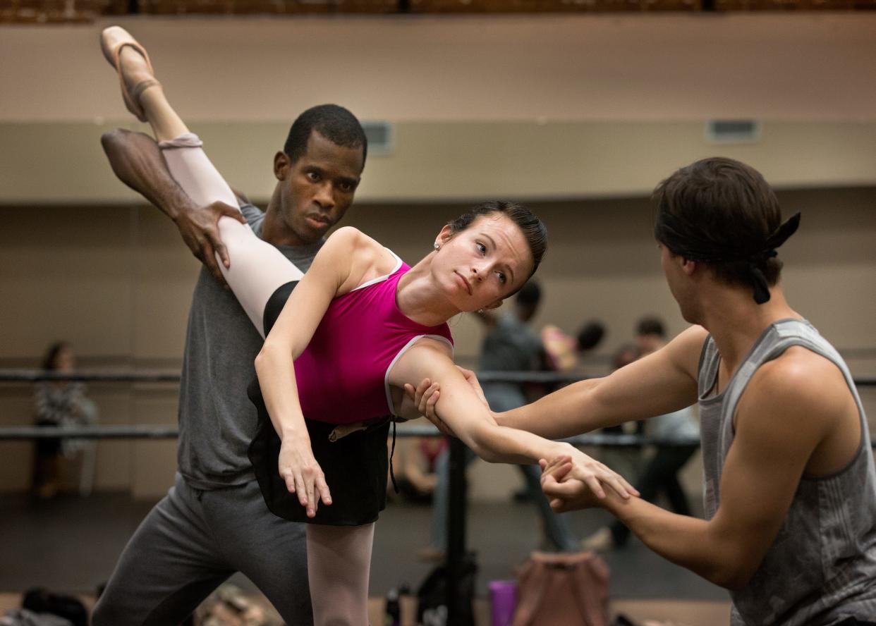 Dancers Jermaine Thornton, left, Sarah White, center, and Stefan Dolbashian, right, rehearse for a Florida Dance Theatre's production of "Dracula" in 2015. The troupe lost $18,800 in expected funding - about half of its budget - when Gov. Ron DeSantis vetoed all $32 million in arts and cultural grants in the Florida budget last week.