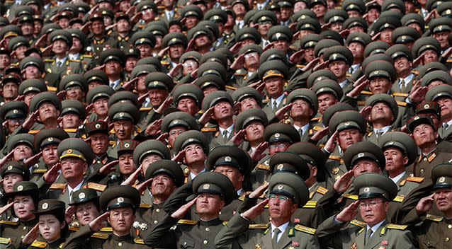 Soldiers salute during the parade in the North Korean capital. Photo: AP