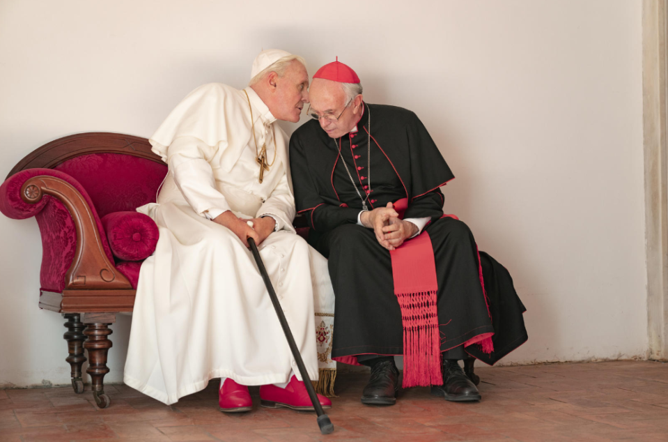 Sir Anthony Hopkins and Jonathan Pryce in The Two Popes (Credit: Netflix)