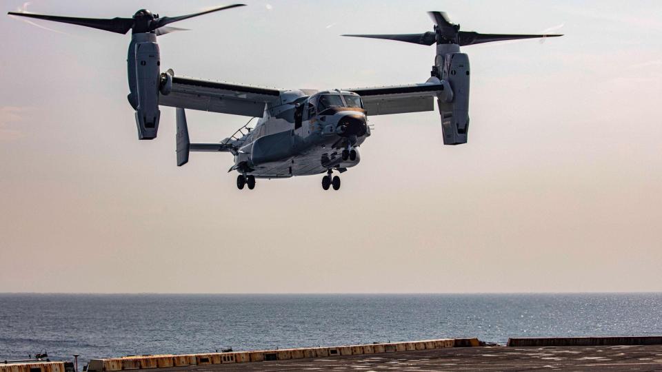 <em>A CMV-22B lands aboard USS </em>New York<em> (LPD-21) (U.S. Navy)</em>