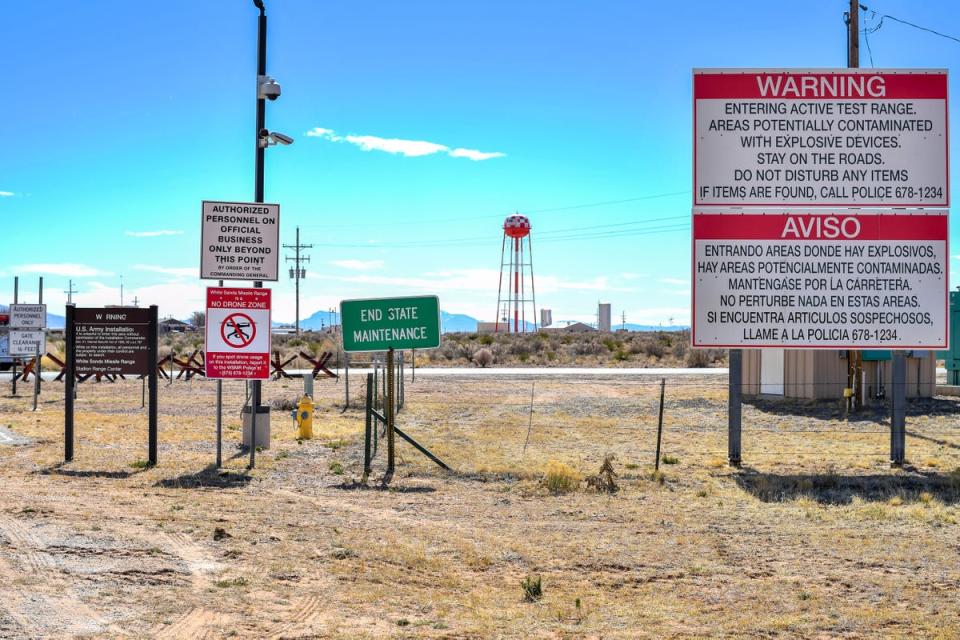 A view of the entrance of White Sands Missile Range where the Trinity test site is located in New Mexico, where the world’s first atomic bomob exploded in 1945. (AFP via Getty Images)