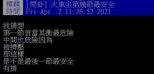 網友發文詢問「火車坐哪節最安全？」。（圖／東森新聞）