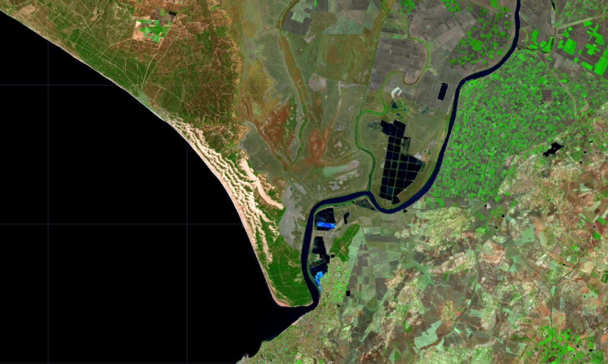 Imagen de satélite que muestra la falta de agua en las lagunas de Doñana. <a href="https://migueldefelipe.users.earthengine.app/view/split-panel-for-the-conversation" rel="nofollow noopener" target="_blank" data-ylk="slk:Sentinel 2;elm:context_link;itc:0;sec:content-canvas" class="link ">Sentinel 2</a>, Author provided