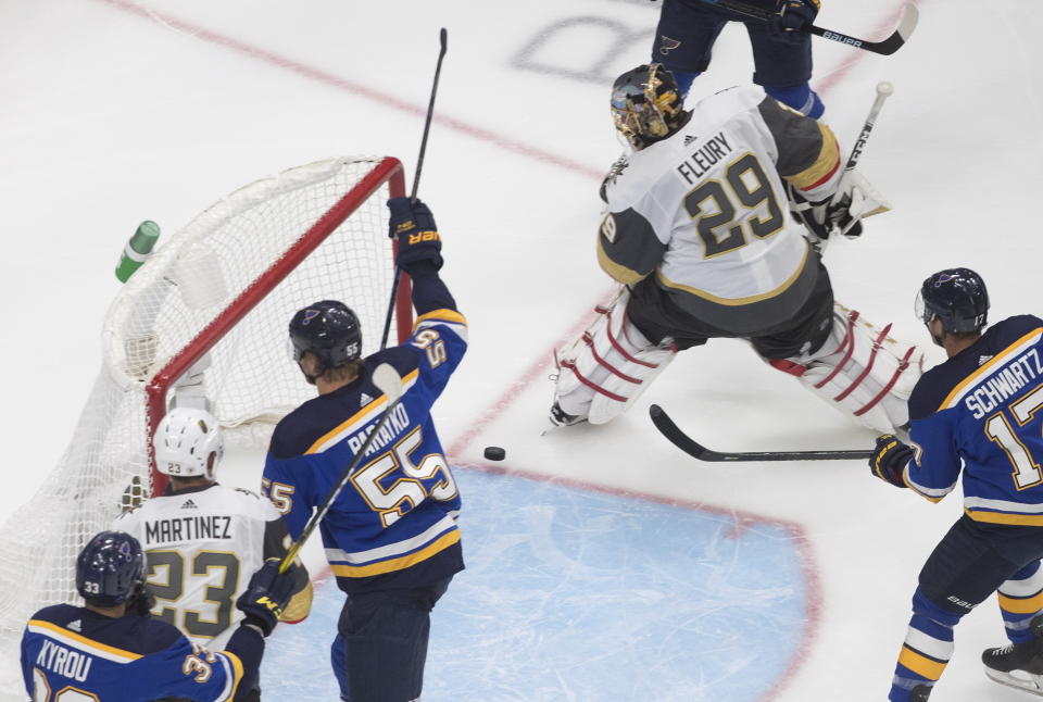 St. Louis Blues' Colton Parayko (55) scores a goal on Vegas Golden Knights goalie Marc-Andre Fleury (29) during the second period of an NHL hockey playoff game Thursday, Aug. 6, 2020, in Edmonton, Alberta. (Jason Franson/Canadian Press via AP)