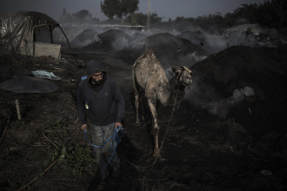 Palestinians work at a traditional charcoal production site in the town of Jabaliya, Northern Gaza Strip, Thursday, Jan. 7, 2021.(AP Photo/Khalil Hamra)