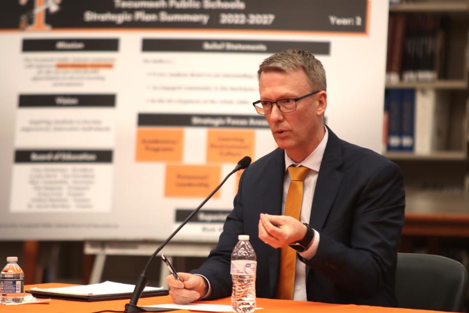 Matt Hilton talks Tuesday at Tecumseh High School during his second interview to be the Tecumseh Public Schools superintendent about his plan for his first 90 days in office.