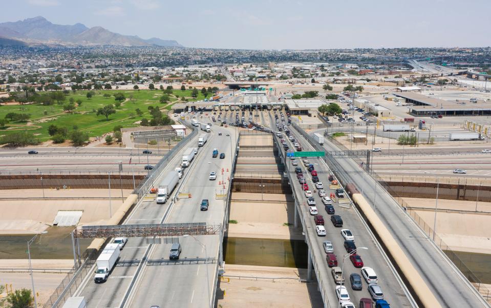 Traffic heads into the U.S. at bottom right, and into Mexico at bottom left at the Bridge of the Americas on the border between Juárez and El Paso on July 21, 2021.