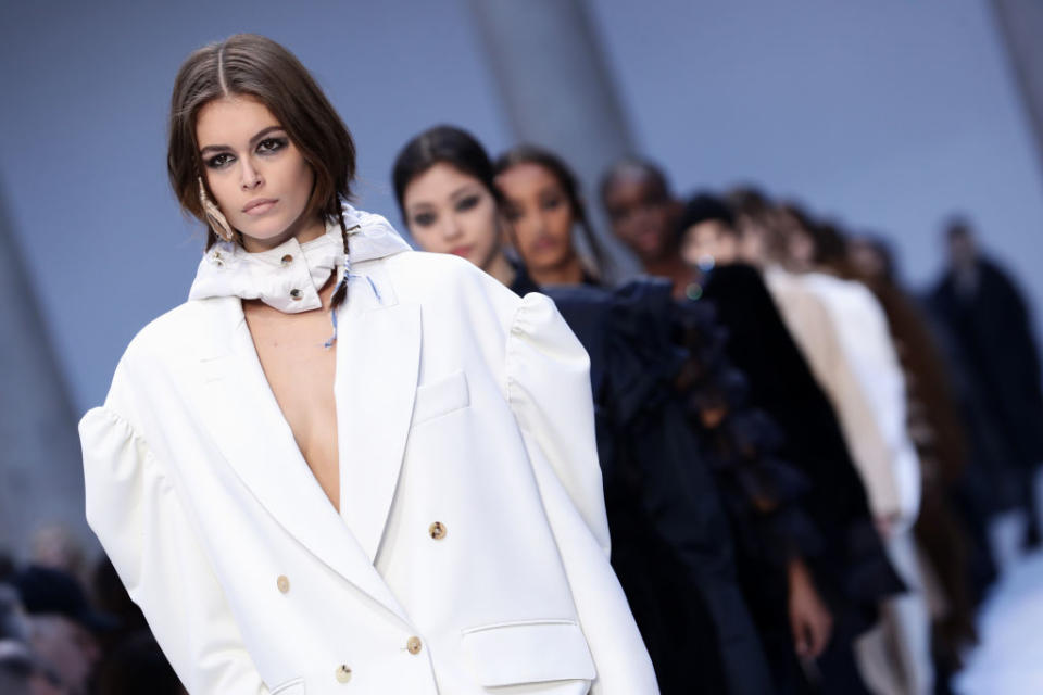 Kaia Gerber is following in her model mother&#39;s footsteps, pictured on the runway in February 2020. (Getty Images)
