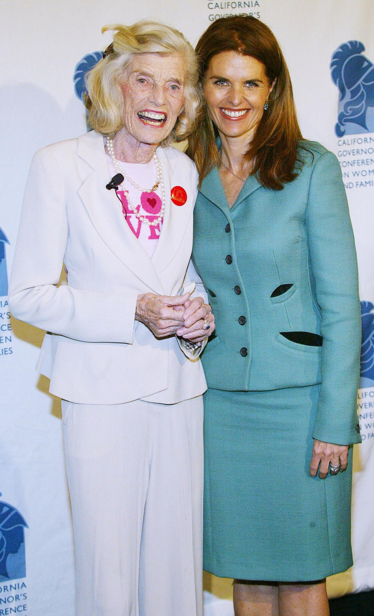 LONG BEACH, CA - DECEMBER 7:  (L-R) Eunice Shriver and Maria Shriver attend the California Governor's Conference on Women and Families at the Long Beach Convention Center on December 7, 2004 in Long Beach, California.  (Photo by Frederick M. Brown/Getty Images)