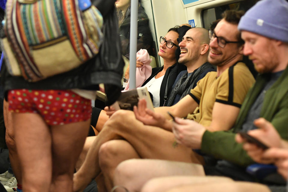 The scene on the Underground on the No Trousers Tube Ride in London. (Photo: Dominic Lipinski/PA Images via Getty Images)